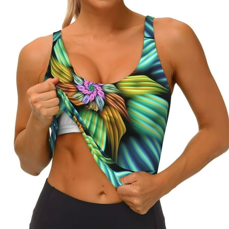 Qokaie Hippie Style Pattern Womens Scoop Neck Sports Bra Breathable Workout Vest Padded U Back Medium Impact Fitness Gym Yoga Bra Workout Crop Top