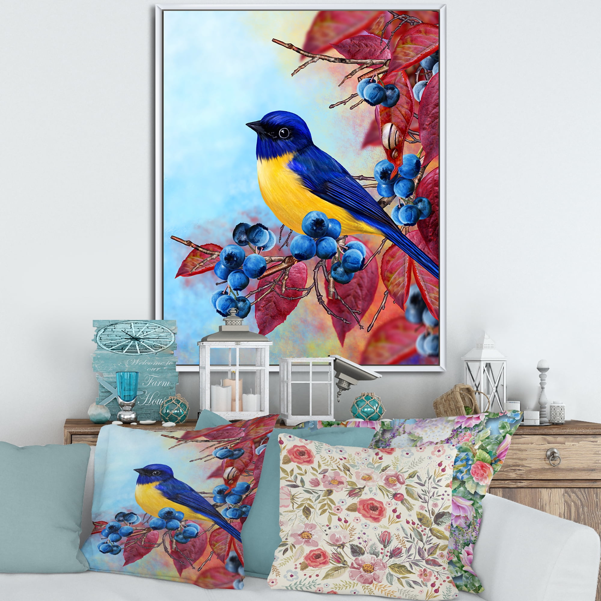 Designart 'Bright Bird Bullfinch Sitting On A Branch of Berries I' Traditional Framed Canvas Wall Art Print