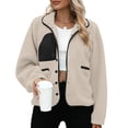 thumbnail image 2 of Hueook Flannel Jacket Women European and American Solid Color Lamb Wool Jacket Long Sleeved Hooded Casual Jacket/jacket Beige 2X, 2 of 8