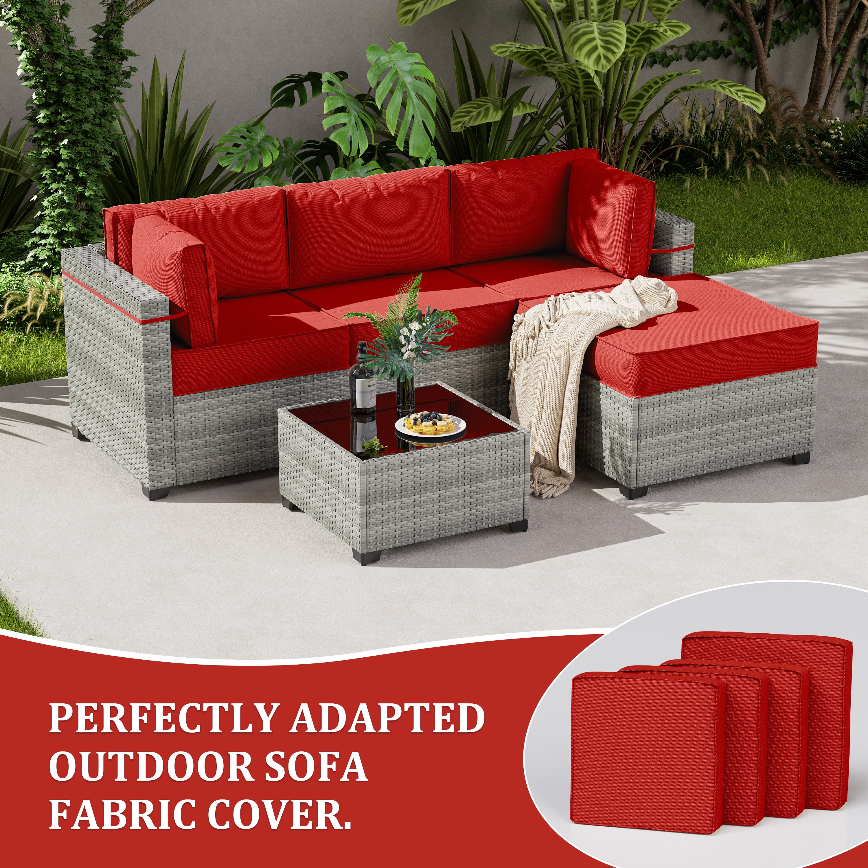 Snubbull Patio Furniture Cushions, Replacement Outdoor Cushions for 4-Seat Sectional Sofa,Waterproof & Zipped, Red