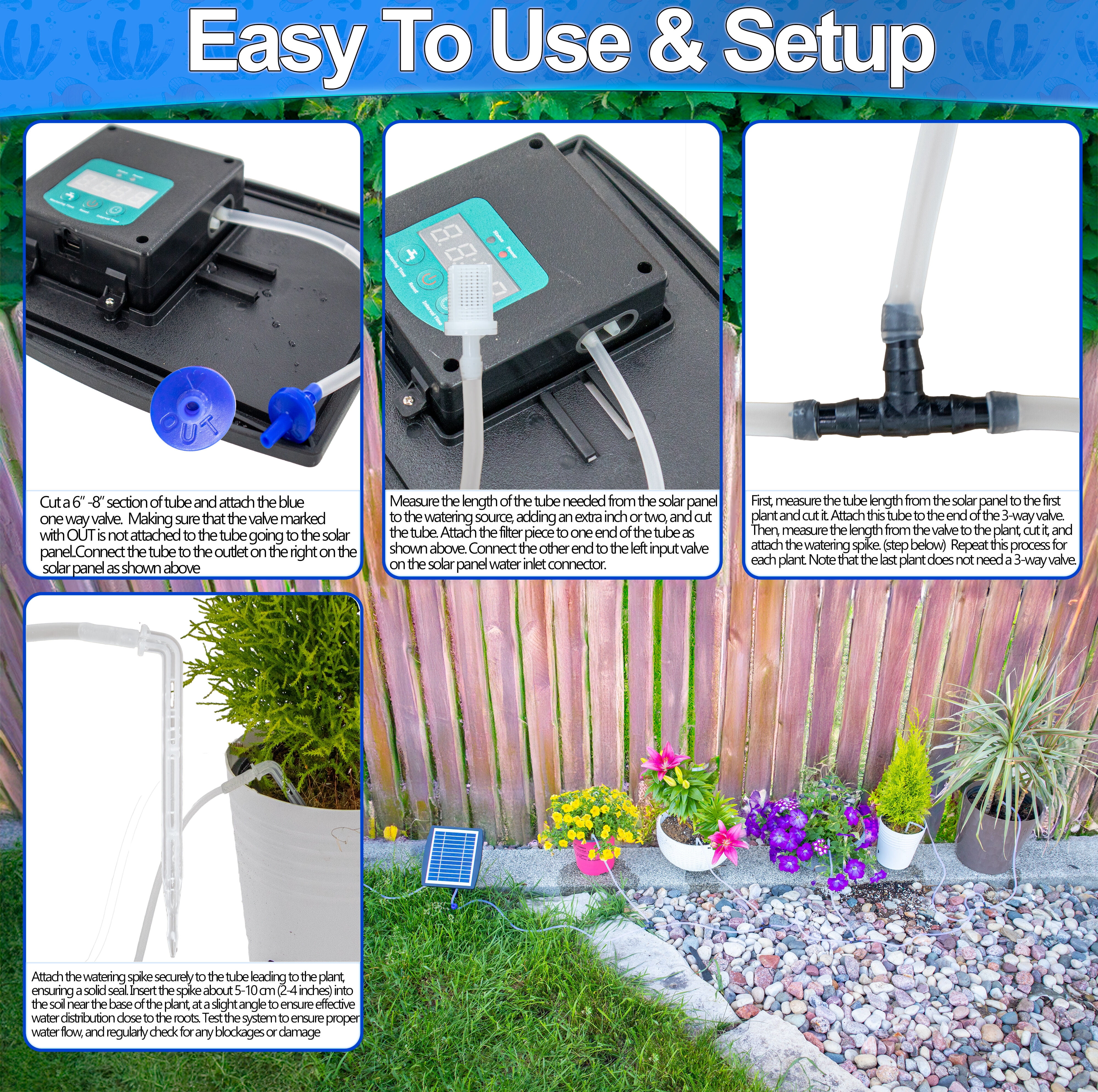 Solar Self Watering Plant Drip Irrigation System for 15 Plants Multiple Automatic Control Modes - Portable DIY Kit for Indoor/Outdoor Gardens, Patios, Balconies, and Vacation Plant Care