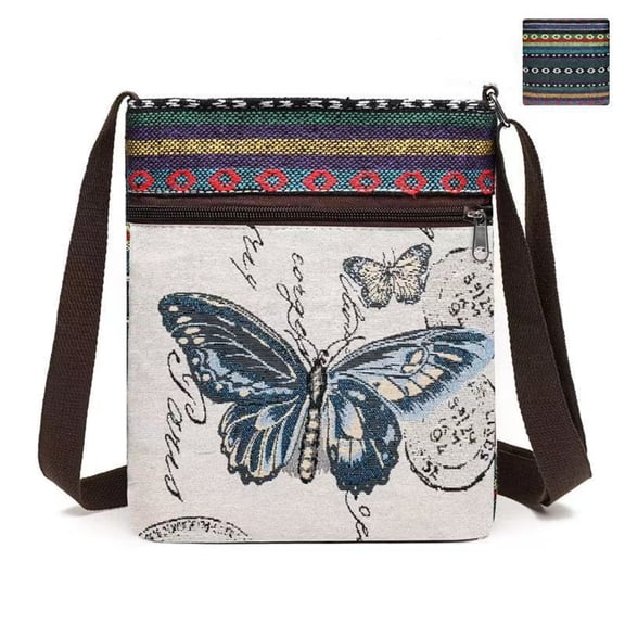 canvas shoulder bag for Women, Vintage Butterfly Pattern Small Shoulder Bag, Lightweight Ethnic Canvas Purse with Adjustable Strap for Travel Daily Use