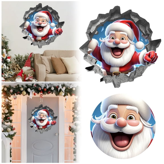 Christmas Creative Wall Sticker, 3D Santa Wall Stickers, Large Removable Christmas Decals for Windows, Doors & Refrigerator, Creative Holiday Break-Through Decor