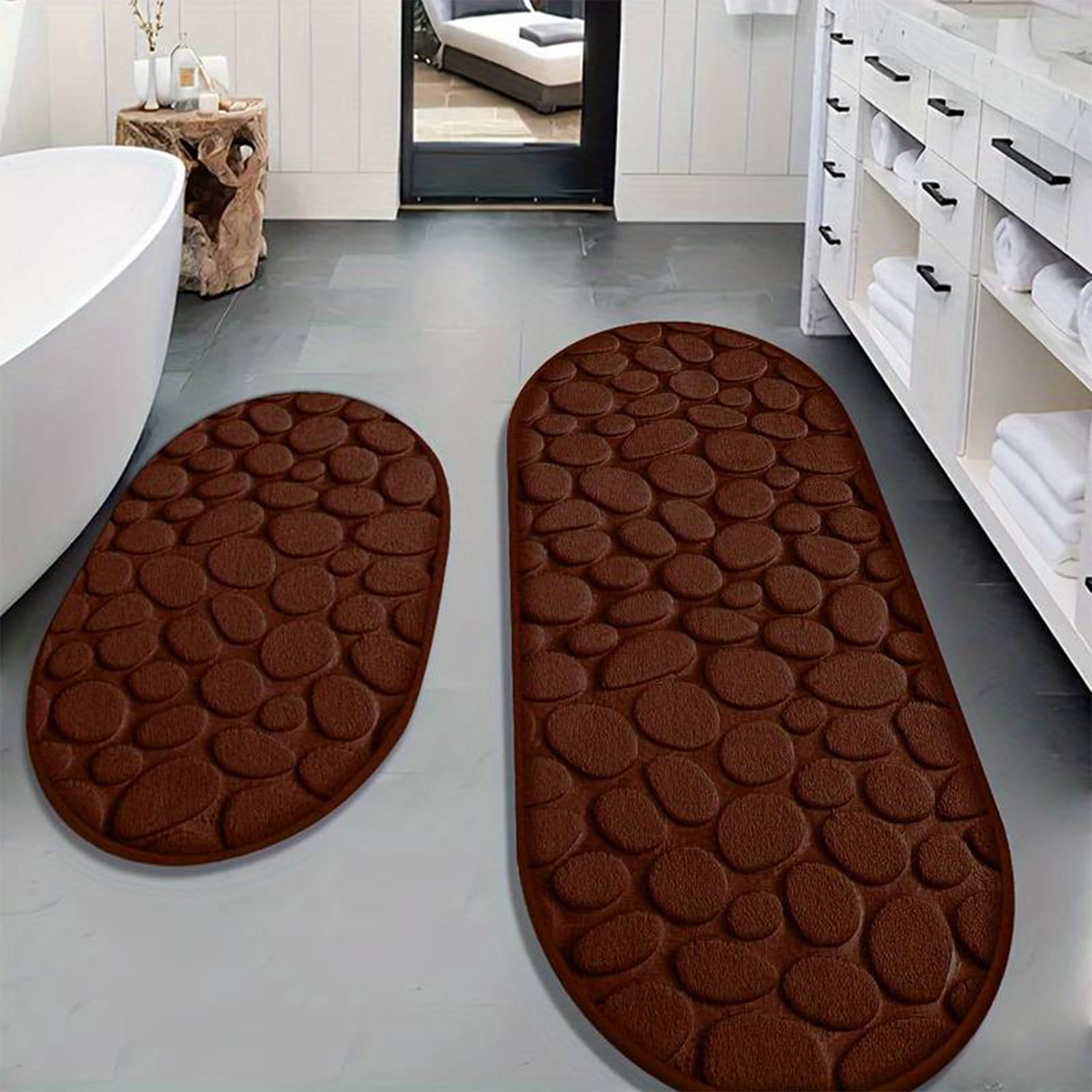 Cobblestone Pattern Rugs Set 2 Piece, Memory Foam Water Absorbent Bath Mats, for Bathroom, Sink, Toilet and Floor (15.7x23.6in+15.7x47.2in, Brown)