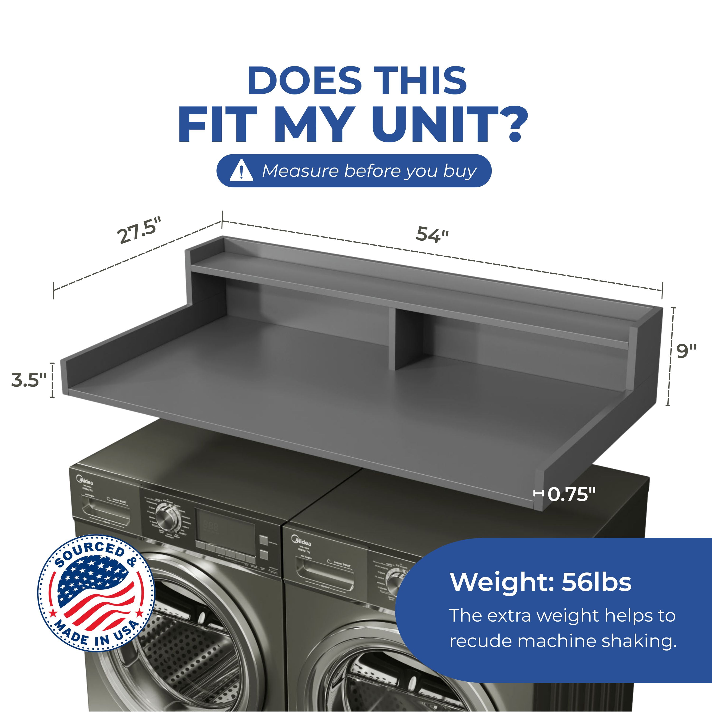 OfficeSimpli Washer Dryer Countertop with Shelf - 27.5 x 54 Inch - Made in USA Laundry Countertop Over Washer and Dryer with Non-Slip Pads, Storage Shelf, Laundry Topper Organizer, Grey