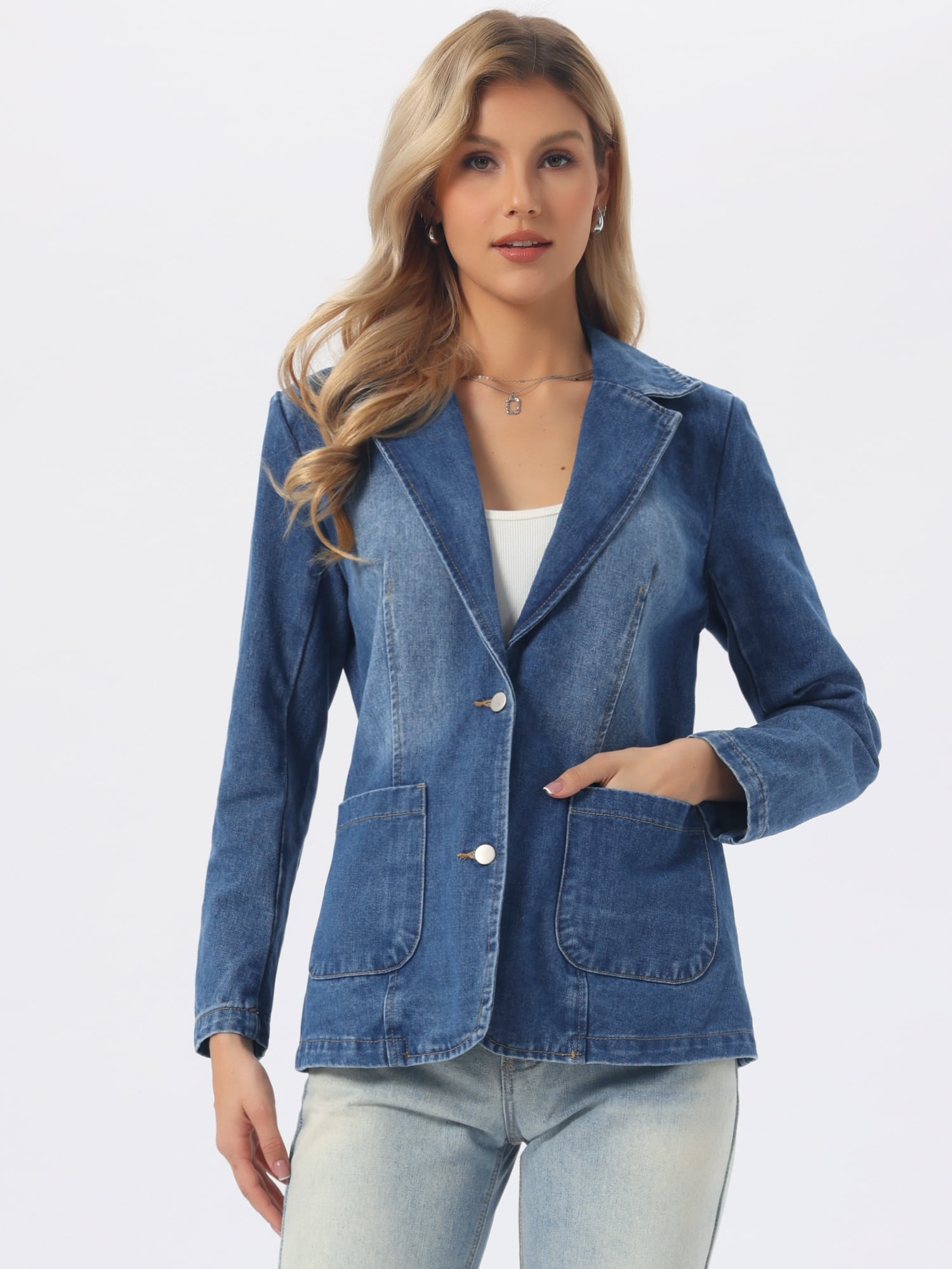 DARING DIVA Women's Notched Lapel Long Sleeve Button Up Denim Blazer M Blue