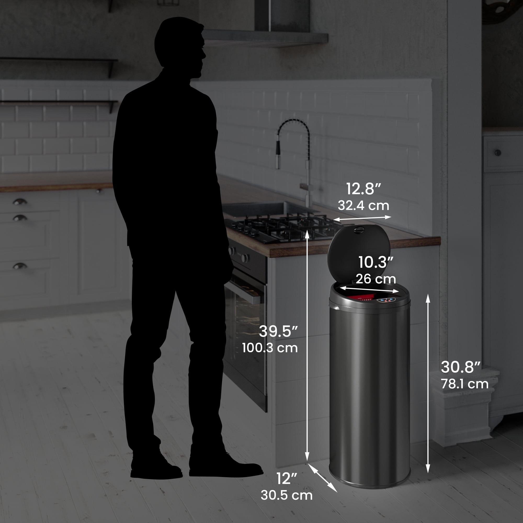 iTouchless 13 gal Deodorizer Round Motion Sensor Kitchen Trash Can, Black, Stainless Steel