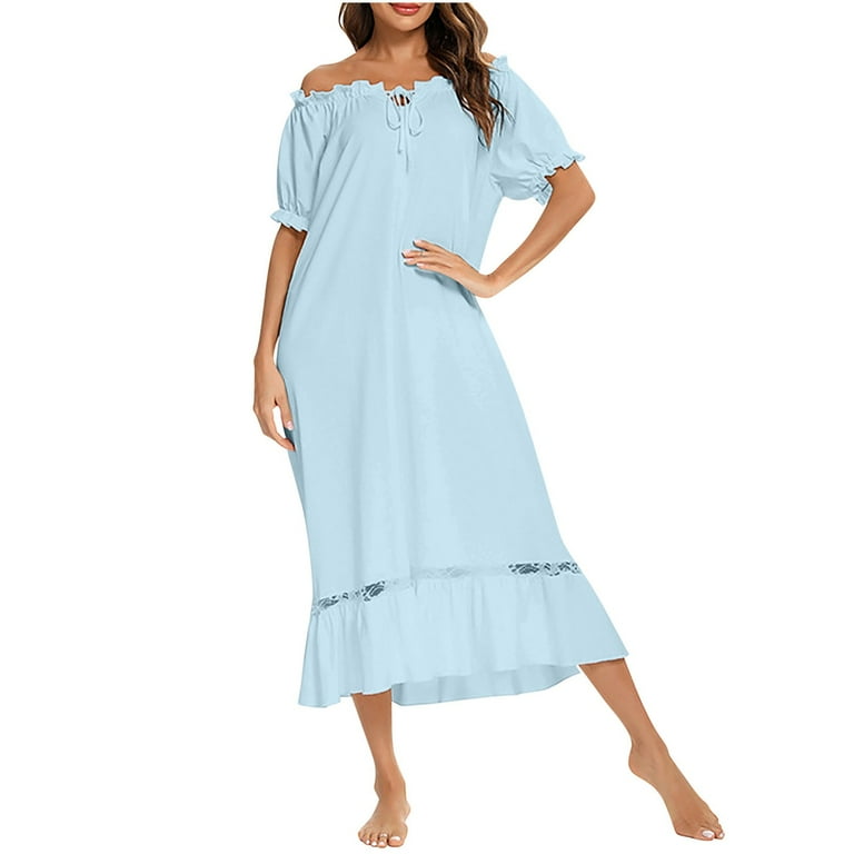 Fartey Sleepwear for Women Loose Flowy Long Nightgowns Puff Short Sleeve  Sleepshirt Night Gown Comfy Casual Pajama Dress Blue M - Walmart.com