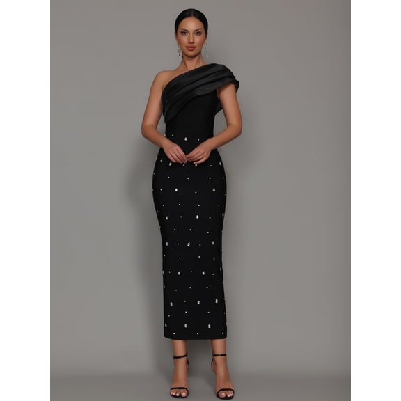 Women Celebrity Sexy One Shoulder Diamonds Black Maxi Long Bodycon Bandage Dress 2025 Elegant Evening Club Party Clothing Outfit