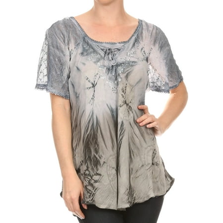 Sakkas Taylay Ombre Tie Dye Batik Long Embroidered Corset Neck Blouse Shirt Top - Grey - Plus Size