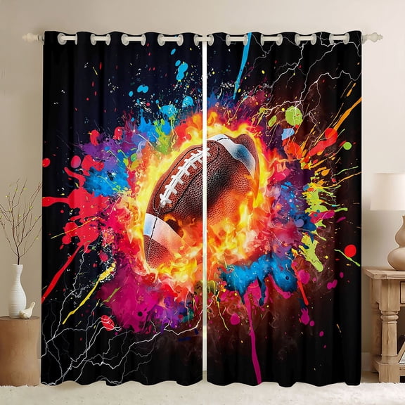 jejeloiu American Rygby Black Out Curtains,Football Sport Gamer Curtains Pack of 2 (42x63 Each),Rainbow Splash Ink Bedroom Curtains For Boys,Ultra Soft Home Decor
