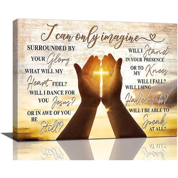 Christian Cross In Hands Wall Art Rustic I Can Only Imagine Wall Decor Gold Country Pictures Canvas Prints Motivational Framed Modern Artwork for Church Home Living Room Bedroom Bathroom 16"x12"