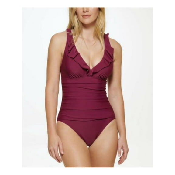 DKNY Women's Burgundy Stretch Tummy Control Ruffled Removable Cups Lined Deep V Neck Moderate Coverage One Piece Swimsuit 4