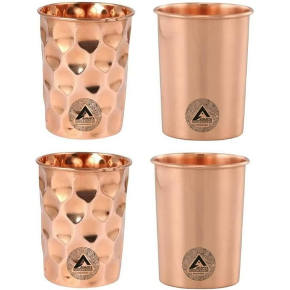 Copper Glasses Drinking Water Set of 4 Ayurvedic Health Tumblers Copper Cups 10.14 Oz (300 ml) Diamond Plain