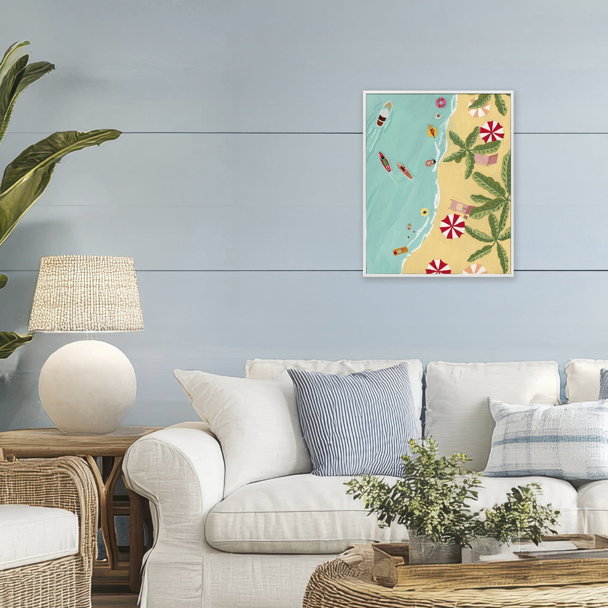 Busy Beach Day Hangout White Framed Giclee Art, design by Nabeela Rumi