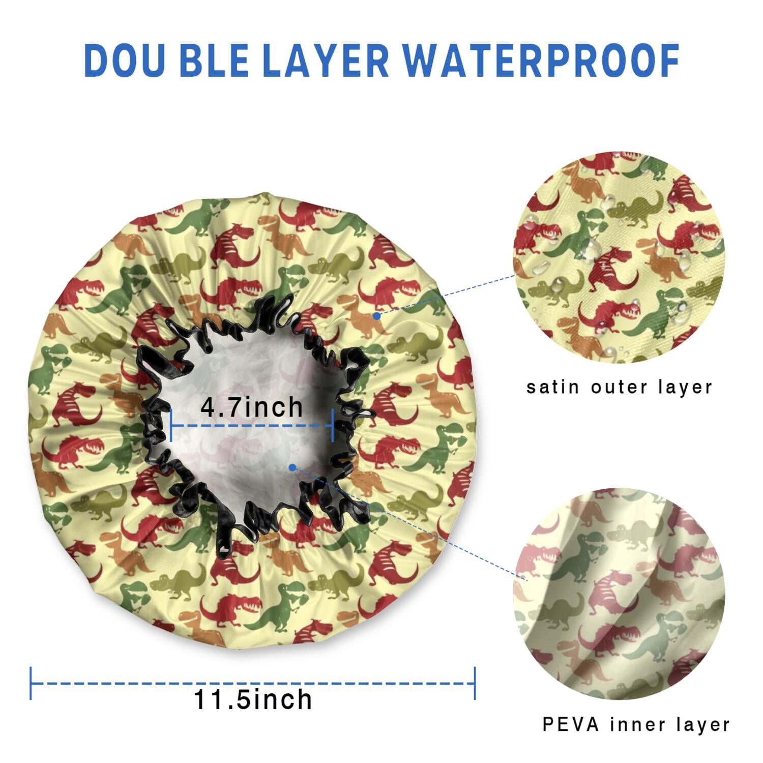 Shower Caps,Yellow Cartoon Dinosaurs Pattern Waterproof Shower Cap for Women 4 Pieces,Double Reusable Hair Cover for Shower PEVA Elastic Stretch Hem