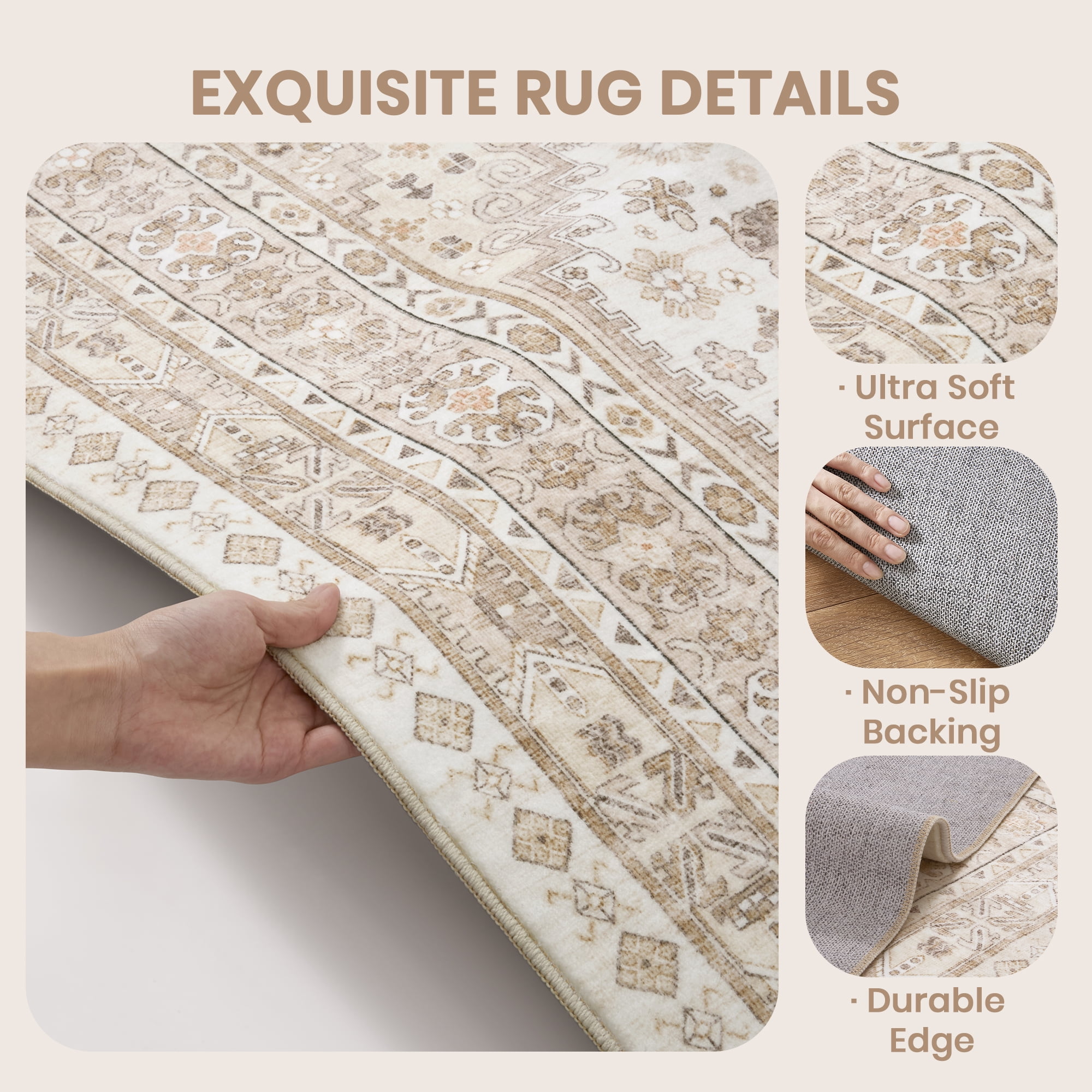 Roxstand 6x9 Area Rugs for Living Room, Vintage Large Area Rug, Non-Slip Backing Washable Rug, Stain Resistant Home Decor Rug (6'x9', Beige)