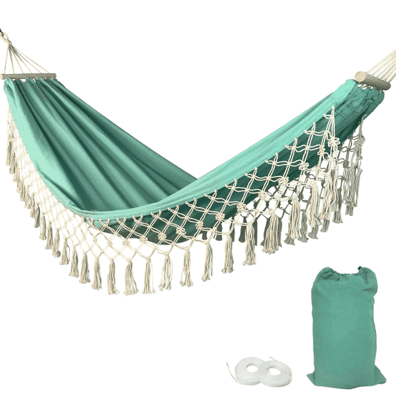 FTCBJJA Garden Hammock with Tassels, 78.7" x 39.4" Cotton Swing Bed with Anti Roll Balance Beam, Portable Hammocks for Camping, Patio, Yard, Porch, Beach (Light Green)
