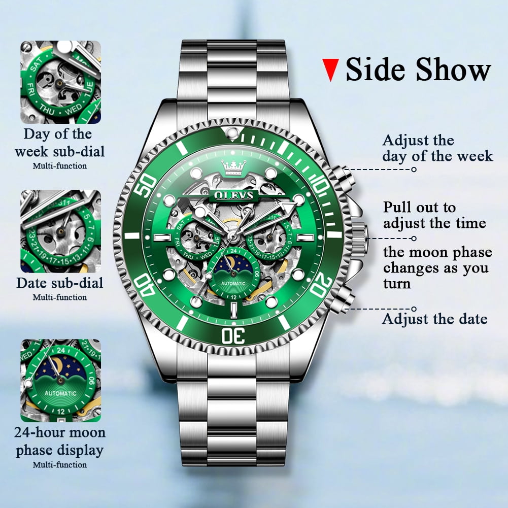 OLEVS Automatic Watches for Men Skeleton Self Winding Mechanical Fashion Dress Chronograph Moon Phase Stainless Steel Waterproof Luminous Mens Wrist Watches Gift Reloj Para Hombre