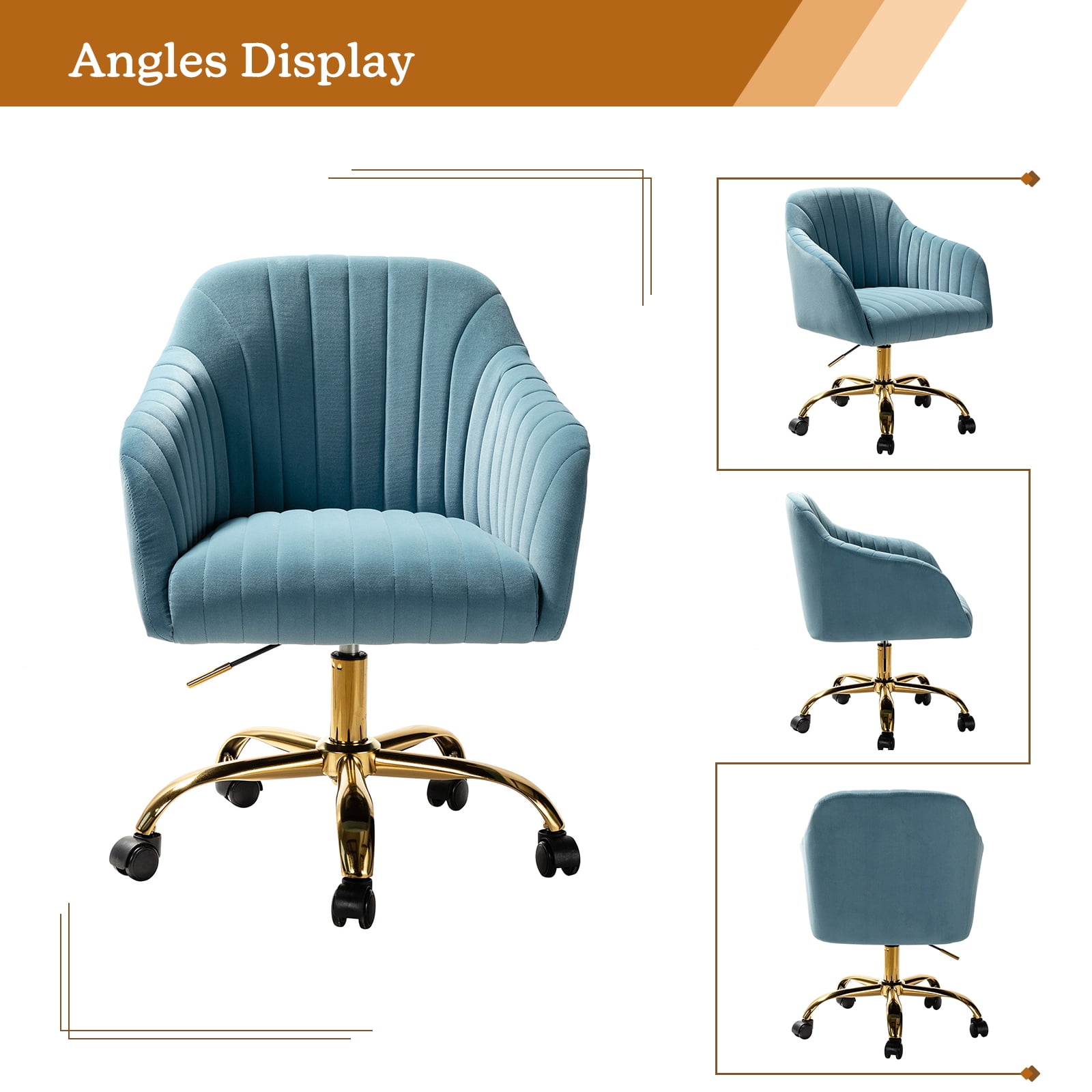 Velvet Office Desk Chair Makeup Vanity Table Chairs Adjustable Armchair Gold Legs Blue