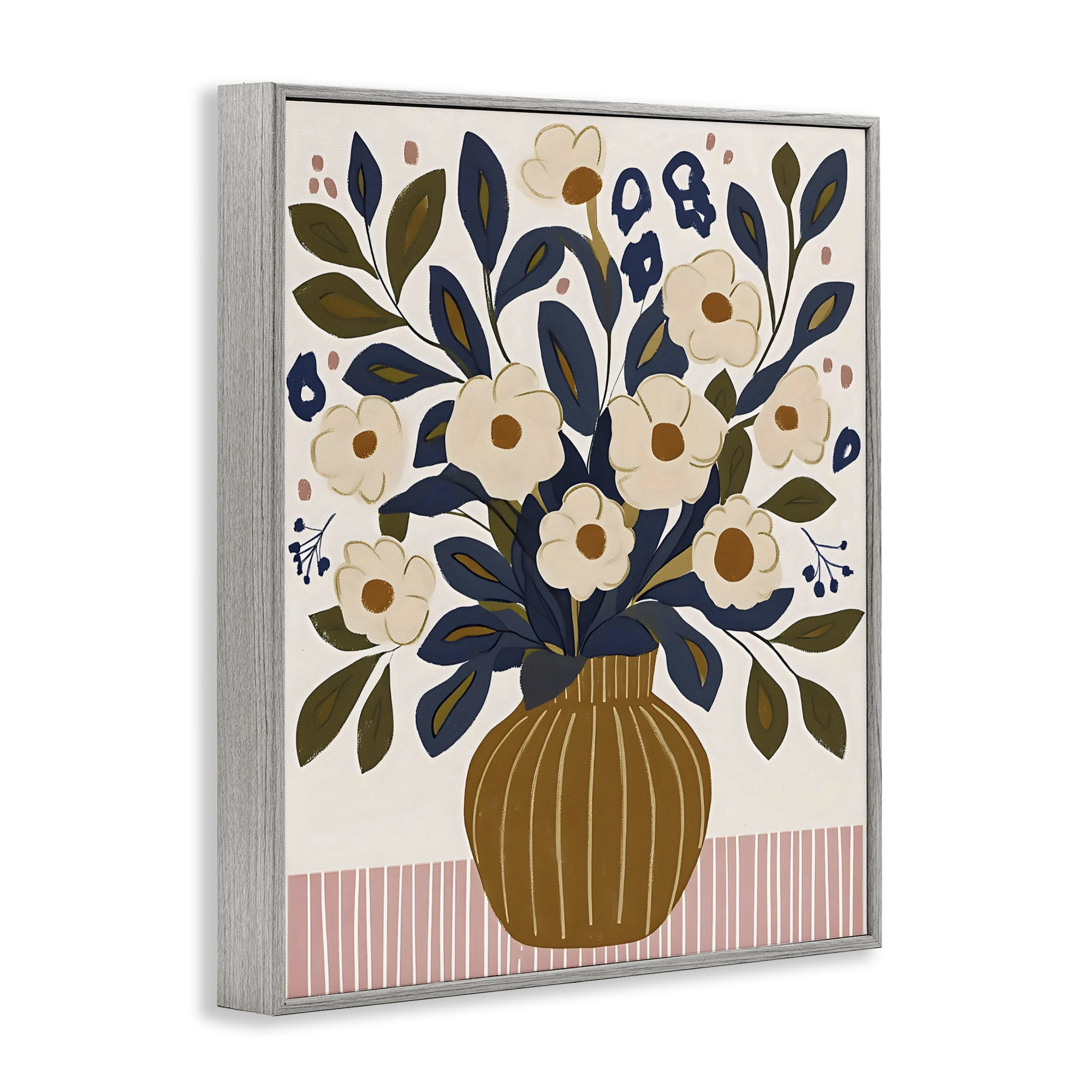 Stupell Industries Boho Floral Vase with Stripes Gray Framed Giclee Art, design by Creative Studio