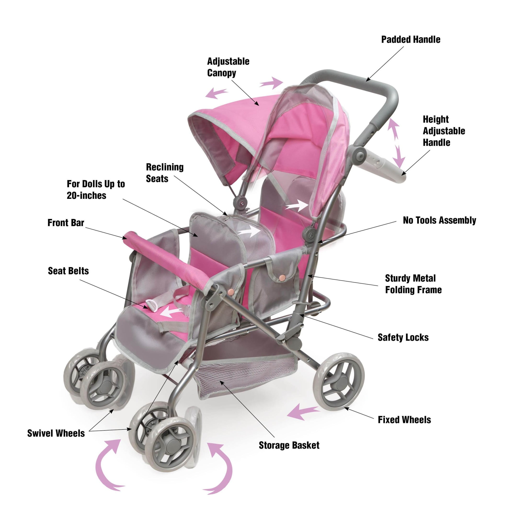 Cruise Folding Inline Double Doll Stroller - Gray/Pink