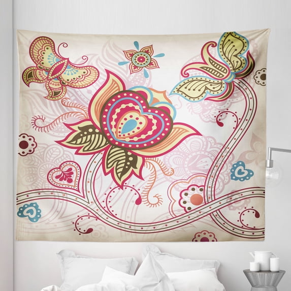 Floral Tapestry, Flower and Butterfly Floral Arragement Design Print, Fabric Wall Hanging Decor for Bedroom Living Room Dorm, 5 Sizes, Pink Beige Khaki, by Ambesonne