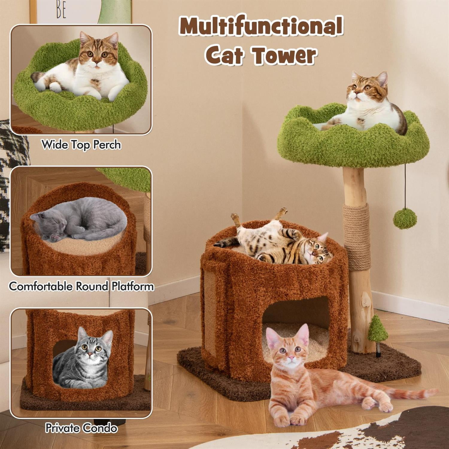 Pefilos Multifunctional Cat Tree, Scratching Posts & Top Perch, Cozy Condo & Hanging Toy, Brown