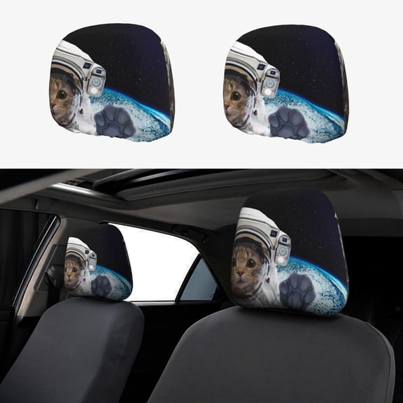 Kdxio Cat Astronaut Pattern Print 2 Piece Car Head Rest Covers Set Auto Front/Rear Seats Headrest Cover Universal Fit Most Cars,Sedan, SUV