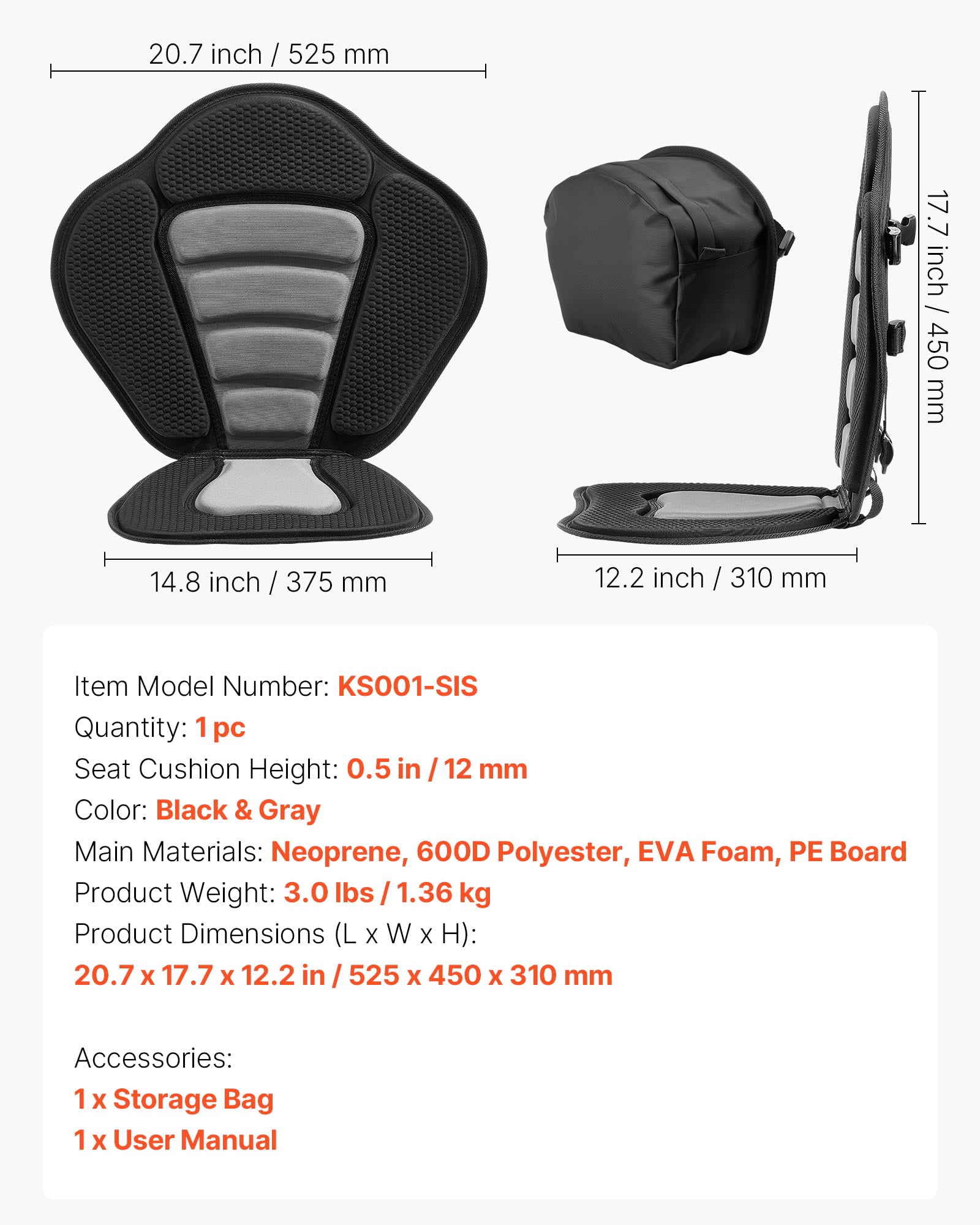 VEVOR Kayak Seat, 1 Pack 0.5" Thick, Universal Paddle Board Seat with Back Support, Sit-on-Top Soft Padded Cushion with Storage Bag & Adjustable Straps for SUP, Canoe, Fishing Boat, Inflatable Kayak