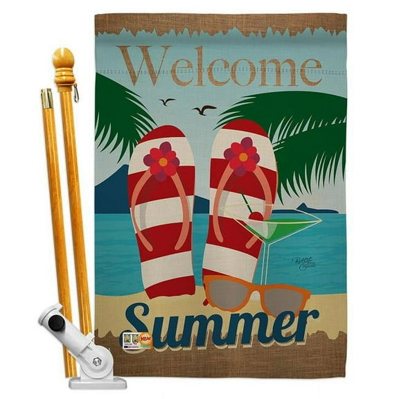 Breeze Decor BD-SU-HS-106075-IP-BO-D-US14-BD 28 x 40 in. Welcome Summer Fun in the Sun Impressions Decorative Vertical Double Sided House Flag Set with Pole Bracket & Hardware