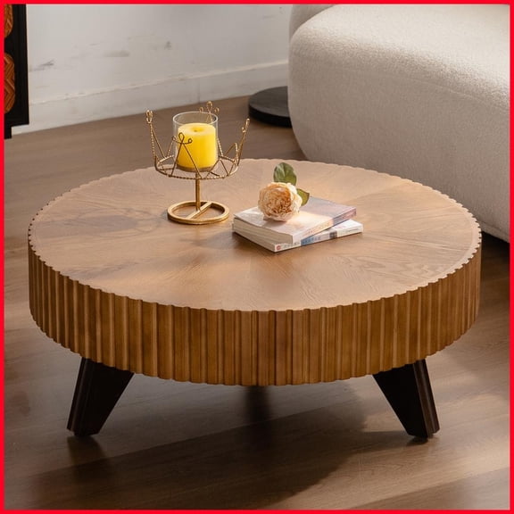 Natural Round Living Room Coffee Table - Solid Wood Legs, Easy-Clean MDF Top, 35.4” Wide