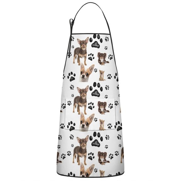 Chihuahua and Footprints Apron-Garden Aprons for Women with Pockets-Cotton Linen Waterproof Kitchen Cooking Gardening Aprons Adjustable for Kitchen,Cooking,BBQ and Salon 33x27 Inch