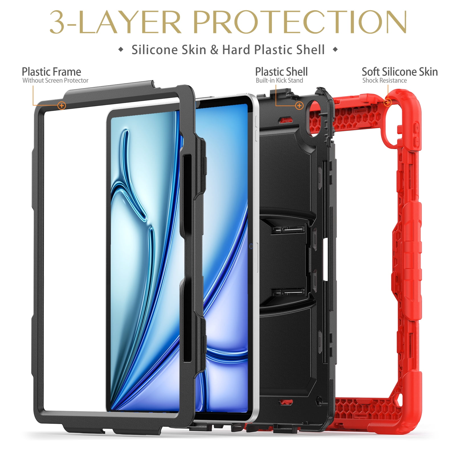 Rugged Case For Apple iPad Air 13 (2024) – 3-Layer Protection Shockproof Stand Cover with Screen Protector, Adjustable Stand, Shoulder Strap, & Pencil Holder -- Red