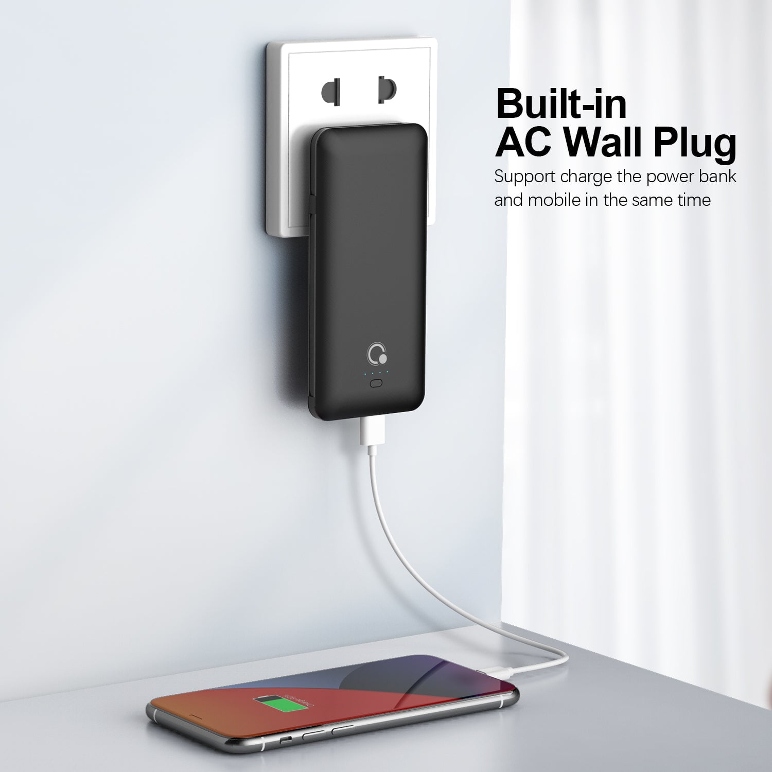 Q 10000mAh Power Bank,Slim Portable Charger,4 Output External Battery Pack with Built-in AC Wall Plug Micro USB C 3 Cables Compatible with iPhone Samsung Android Phone Tablet etc.
