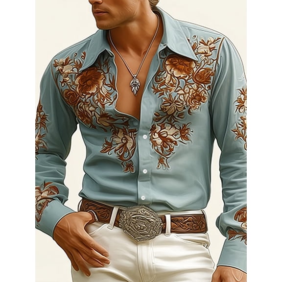 Mens Western Shirt Floral Long Sleeve Button Down Shirt Fall Spring Classic Casual Top Blue B XL