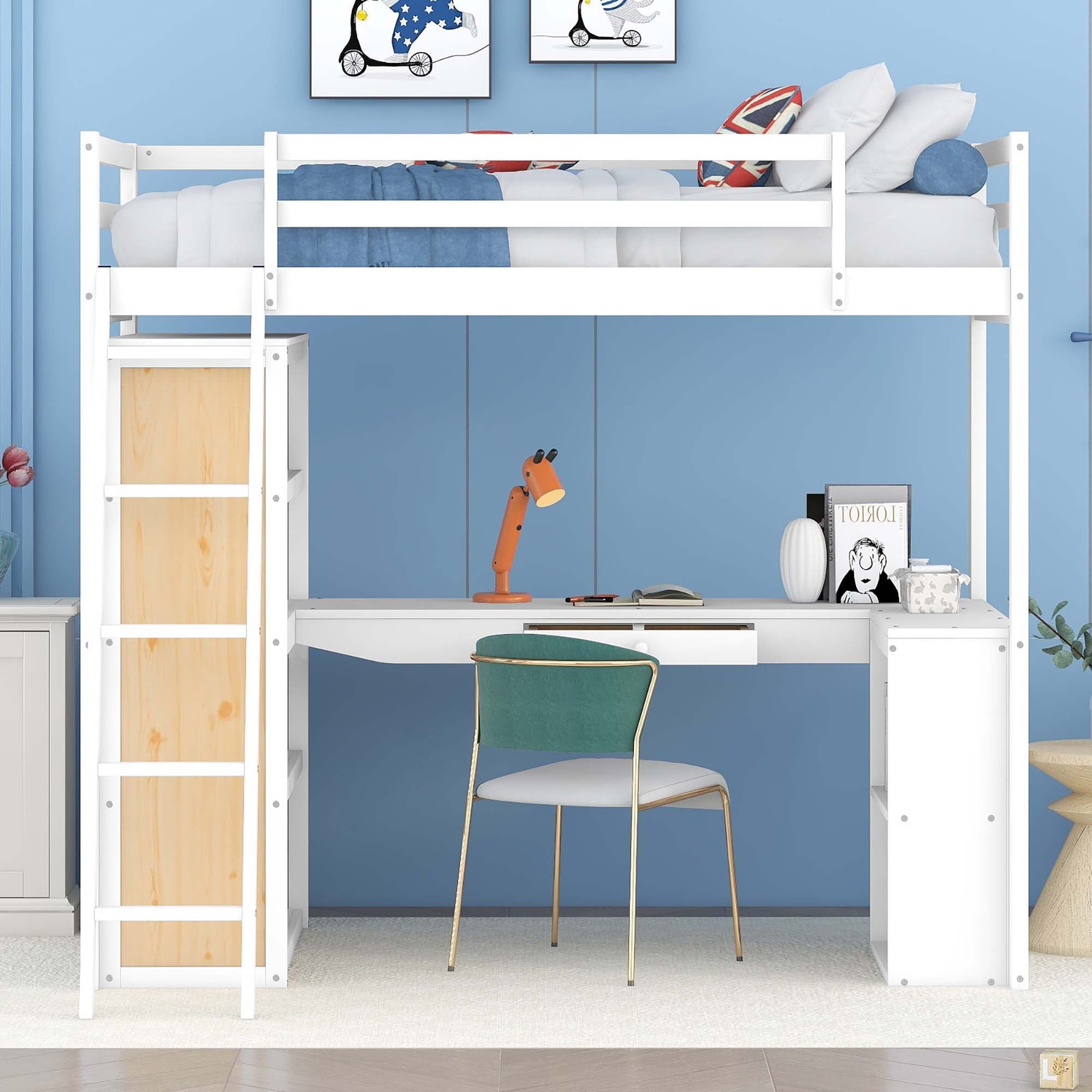 Aukfa Twin Loft Bed with Desk and Storage Shelves, Wood Loft Bed with Drawer for Kids, Teens - White
