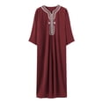 thumbnail image 4 of IWRICH Men's Muslim Clothes V-Neck Short Sleeve Plus Size Thobe Kaftan Loose Casual Solid Color Breathable Soft Thobe Red XXL, 4 of 4