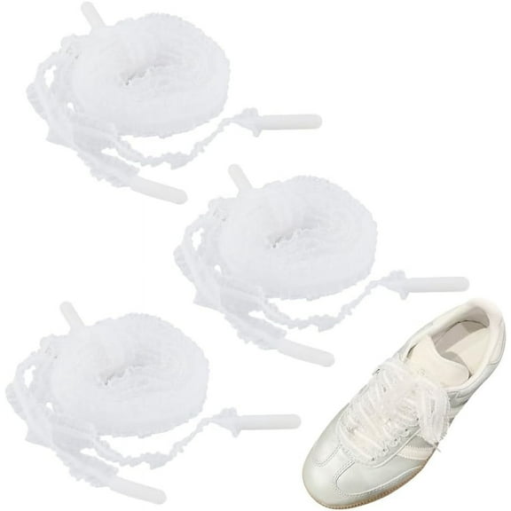 6Pcs Womens Ribbon Shoe Laces 1.2m Flat Lace Shoestrings Silk Shoe Laces Elastic Sheer Shoelaces Nylon Pleated Lace Ribbon Shoelace White with Plastic Aglets for DIY Women Lady Sneakers