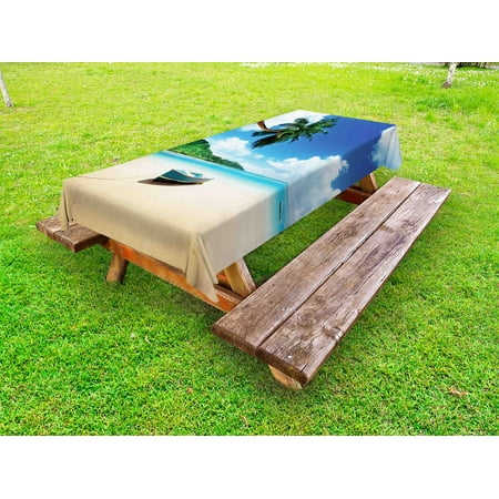 

Beach Outdoor Tablecloth Boat On The Beach Mahe Island Lagoon Seychelles Exotic Shoreline Image Decorative Washable Fabric Picnic Tablecloth 58 X 120 Inches Blue Green Sand Brown by Ambesonne