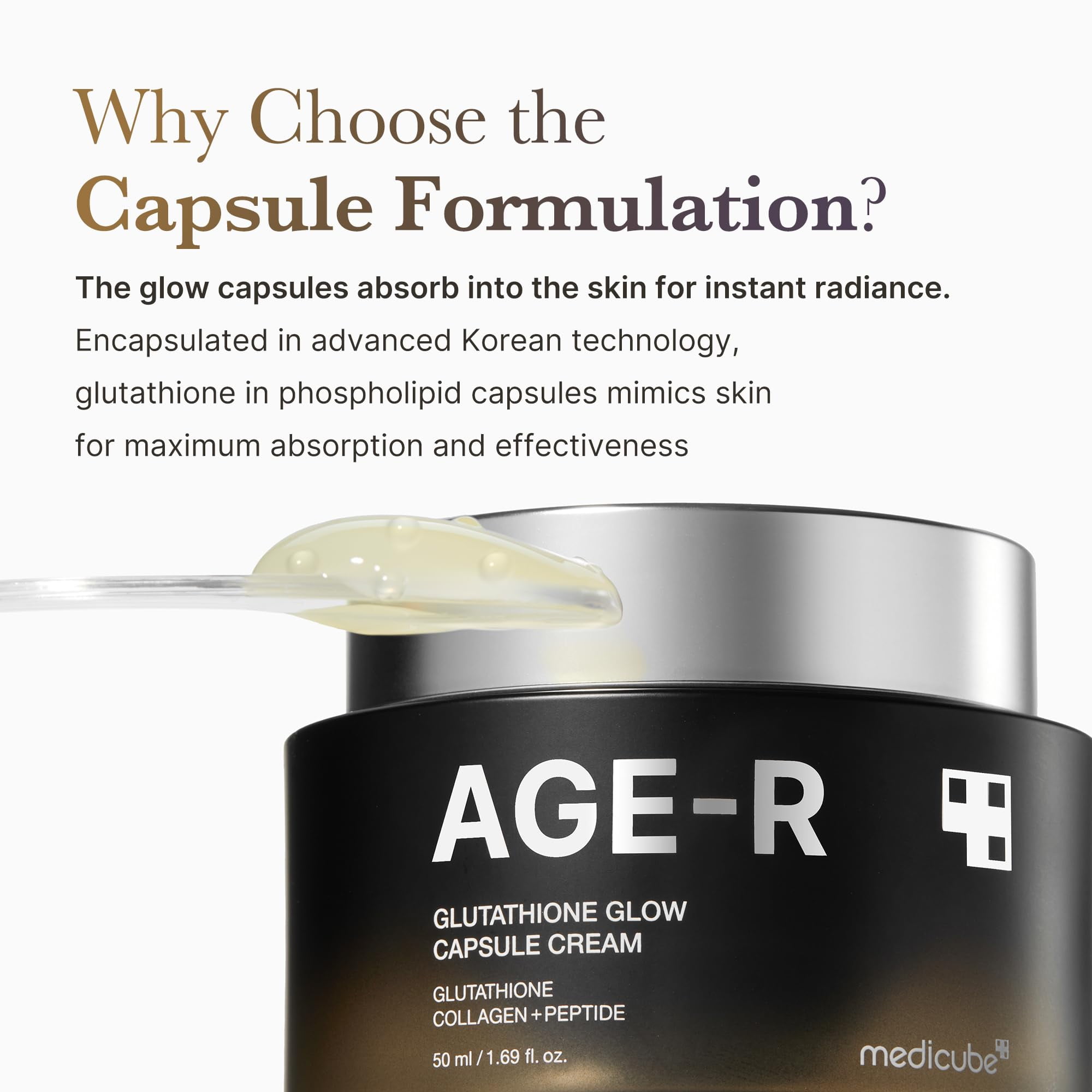 medicube AGE-R Glutathione Glow BCA3&nbsp;Capsule Facial Cream - Instant Lifting Moisturizer - Collagen Peptide For Hydrating Glow - Improve Blemishes, Uneven Skin Tone - Korean Skin Care 1.69 fl.oz