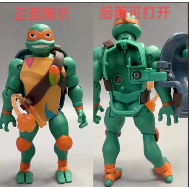 disney-figuras de acción de tortugas ninja mutantes para niños, juguetes de animación para adolescentes, articulaciones móviles, adornos de mesa, regalo para niños Vista frontal y posterior de figura de acción TMNT en PVC, máscara naranja y protecciones naranjas en rodillas y codos, pecho y caparazón moldeados, correaje marrón y piezas pequeñas extraíbles; articulaciones visibles en hombros, codos y piernas. Recomendada 7-12y,12+,18+. A menudo usada como adorno de mesa coleccionable.