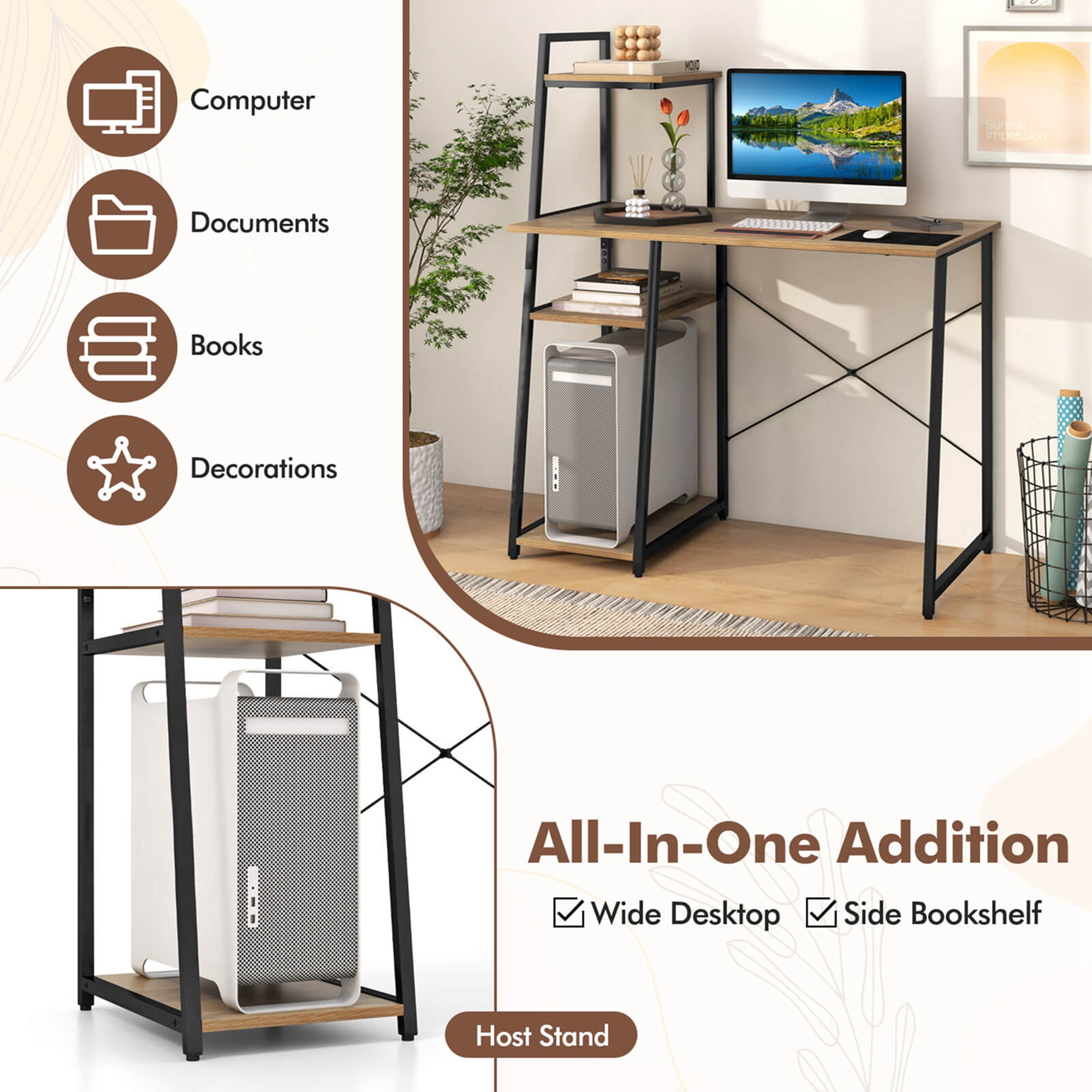 Costway Computer Desk with Shelves Study Writing Desk Workstation with Bookshelf Natural
