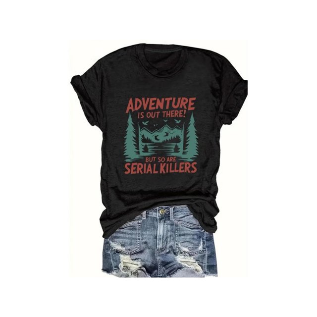 Women's Casual Short Sleeve T-Shirt - "adventure is out There!" Mountain Lakes Graphic Print, Round Neck Summer,Machine Washable outdoor enthusiast apparel, everyday Comfort, Relaxed Fit