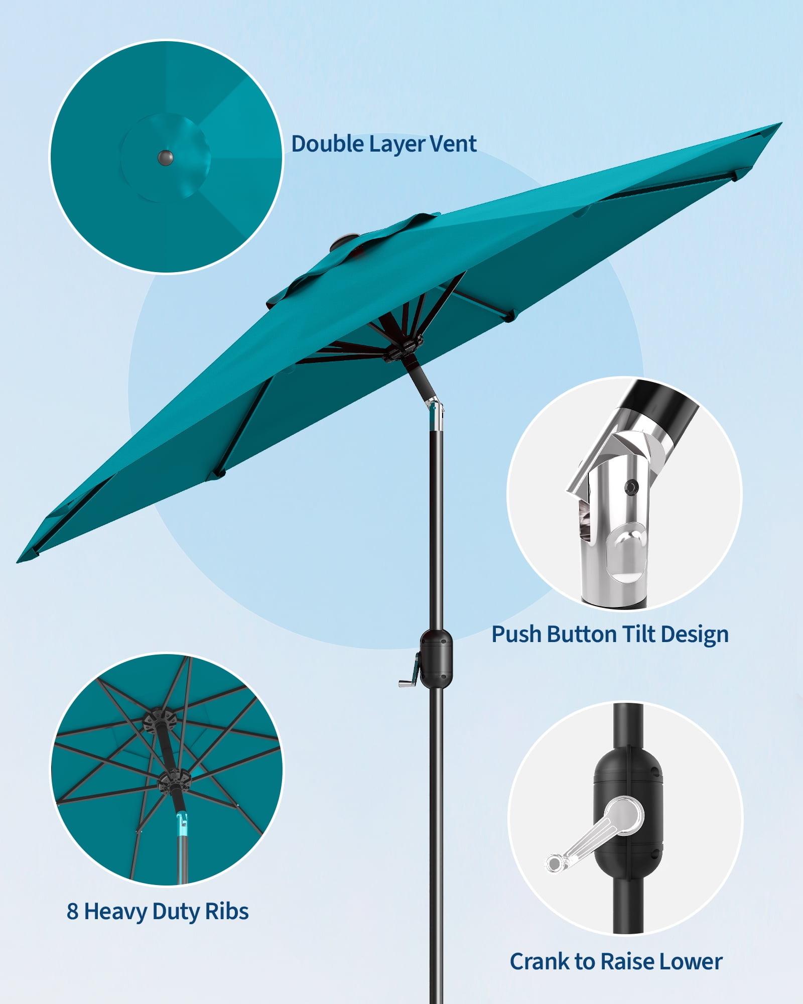 9FT Outdoor Patio Umbrella with Push Button Tilt and Crank, Market Umbrella 8 Sturdy Ribs UV Protection Waterproof Heavy-Duty Pool Umbrella for Deck, Backyard,Garden