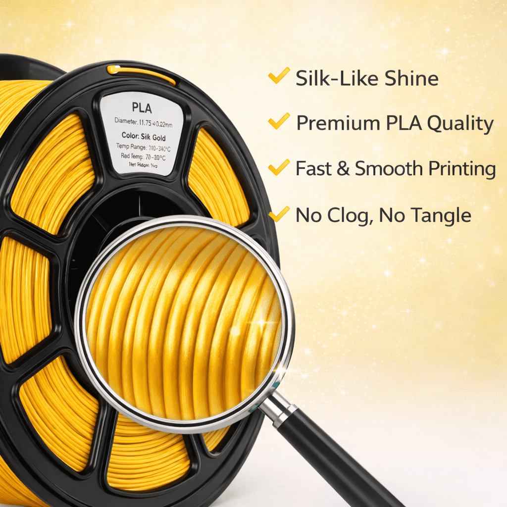 Silk PLA 3D Printer Filament, 3D Printer Filament Bundle 1.1KG 1.75mm, High-speed Printing, Neatly Arranged Lines, for Most FDM 3D Printer Bright Gold