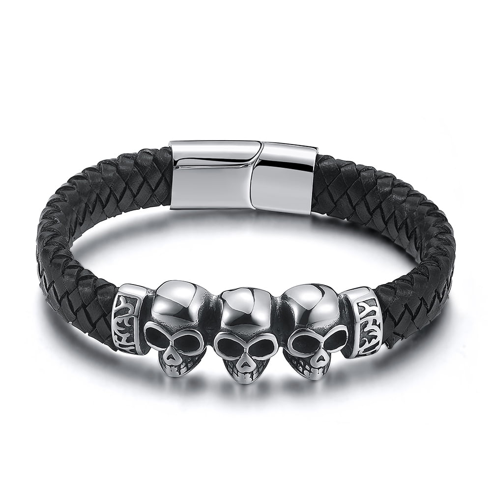 Stainless Steel Polished Skulls/Roses Leather Bracelet 8 Inches Long