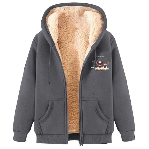 Fmbrln Women's Christmas Zip Up Hoodie Fleece Lined Christmas Print Hooded Sweatshirt Long Sleeve Drawstring Comfy Warm Fall Winter Jacket with Pocket
