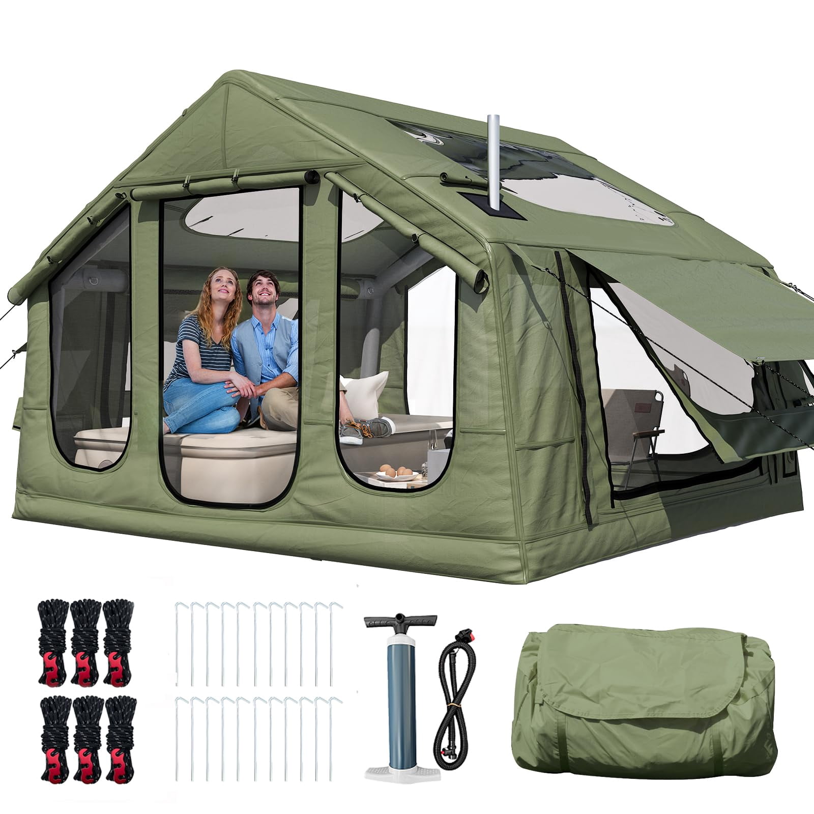 Erommy 12'x8' Inflatable Tents for Camping, Oxford Blow Up Tent with Hand Pump, Stove Jack & Mesh Windows, 4 Season Tent for 6-8 Person