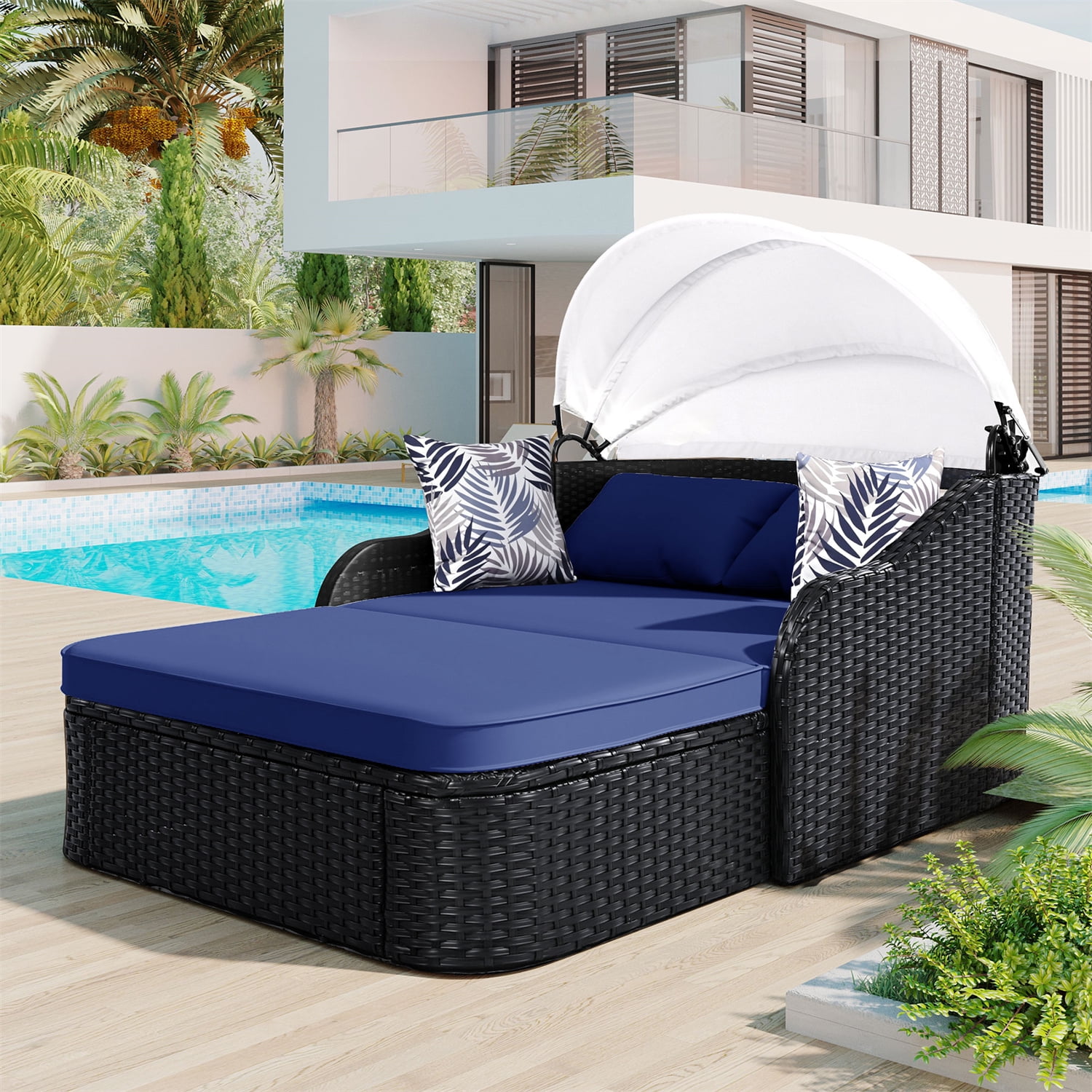 HighSound Outdoor Daybed, Patio Daybed with Retractable Canopy, High-Resilient Soft Cushions, 2-Person Lounge Bed, Outdoor Bed Loveseat for Garden, Backyard, Porch (Blue)